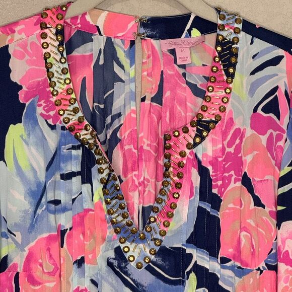 Lilly Pulitzer Ariele Romper High Tide Medium Beaded Long Sleeve Floral - Picture 4 of 11